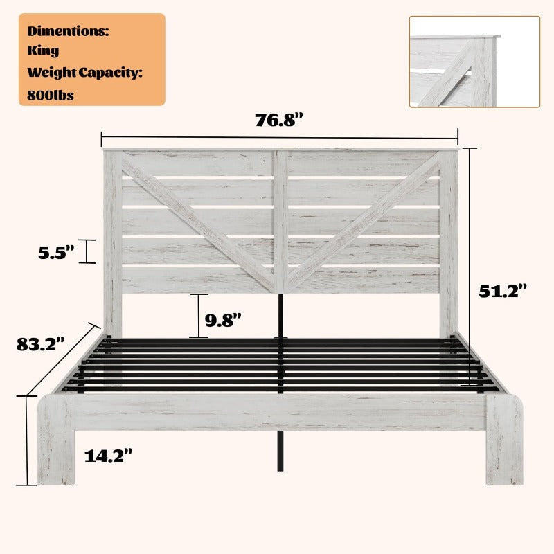 King Sized Bedroom Furniture With Imitation Wooden Headboard And Heavy Metal Bed Frame | Noise Free, No Box Spring Needed, Easy Assembly Tool, Large Under Bed Storage, White, Free Home Delivery Mattress Not Included