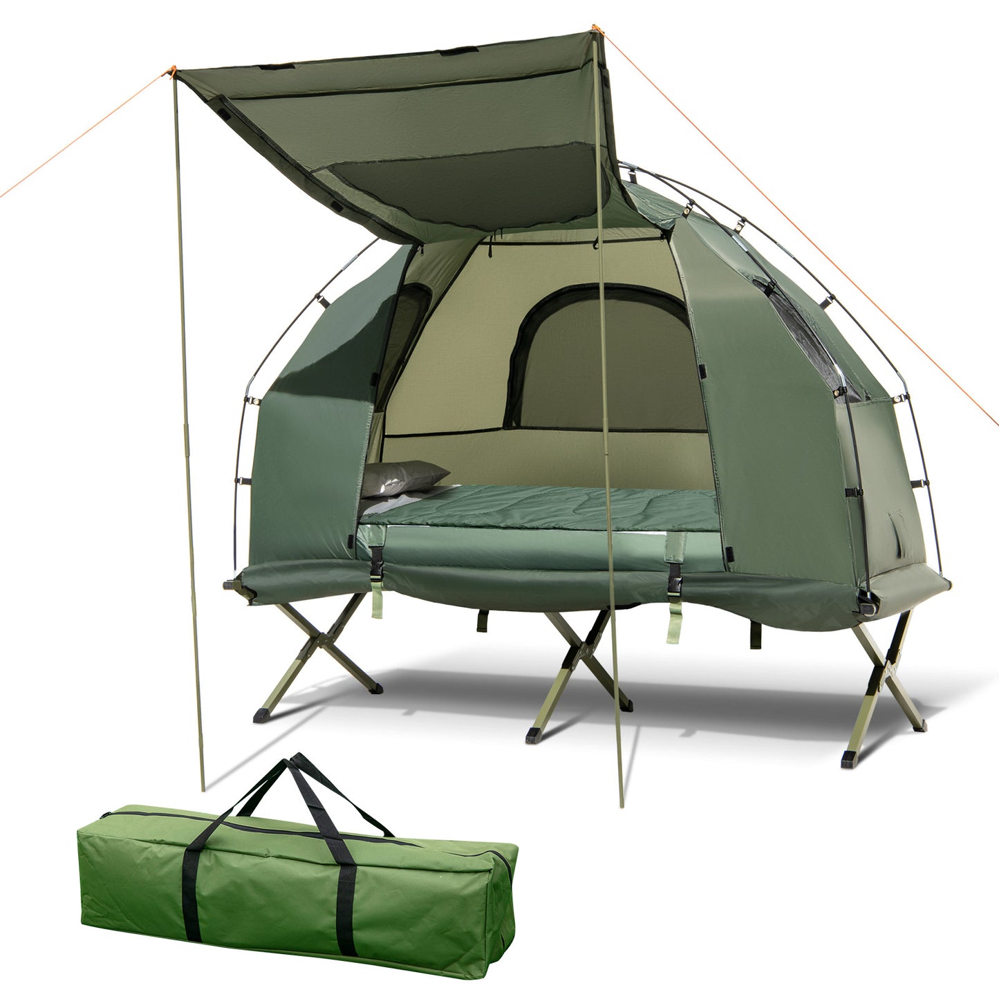 MULTIGOT Outdoor Foldable Camping Tent Cot - 5-in-1 Elevated Portable Single Sleeping Pad with Air Mattress, Pillow & Sunshade, Lightweight Hexagonal Design for Hiking, Travel, Picnic (Green), Camping Mattress, Picnic Gear, E