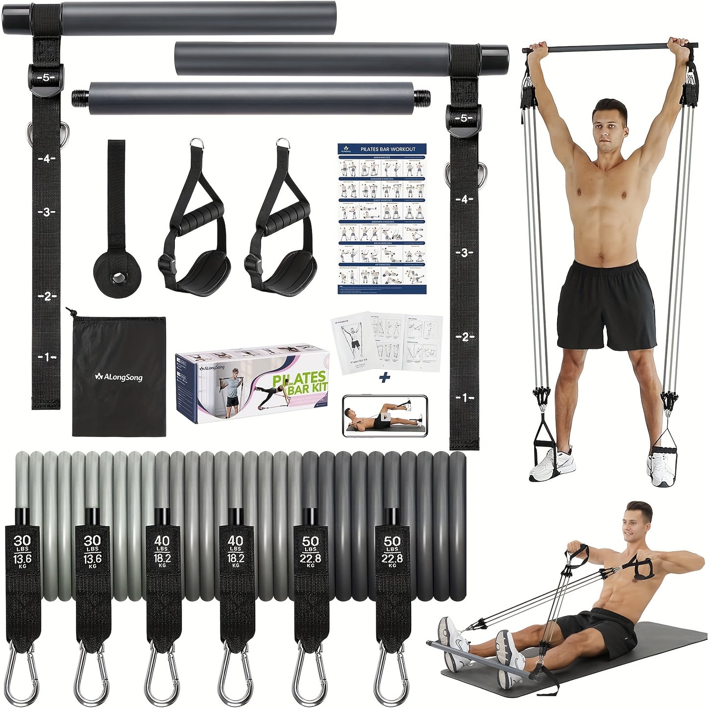 Pilates Bar Kit with Resistance Bands 20-240LBS, Upgraded Natural Latex for Women & Men, Heavy-Duty Stainless Steel Multifunctional Yoga Pilates Stick for Home Gym Exercise Fitness Equipment Full-Body Workouts-Blue