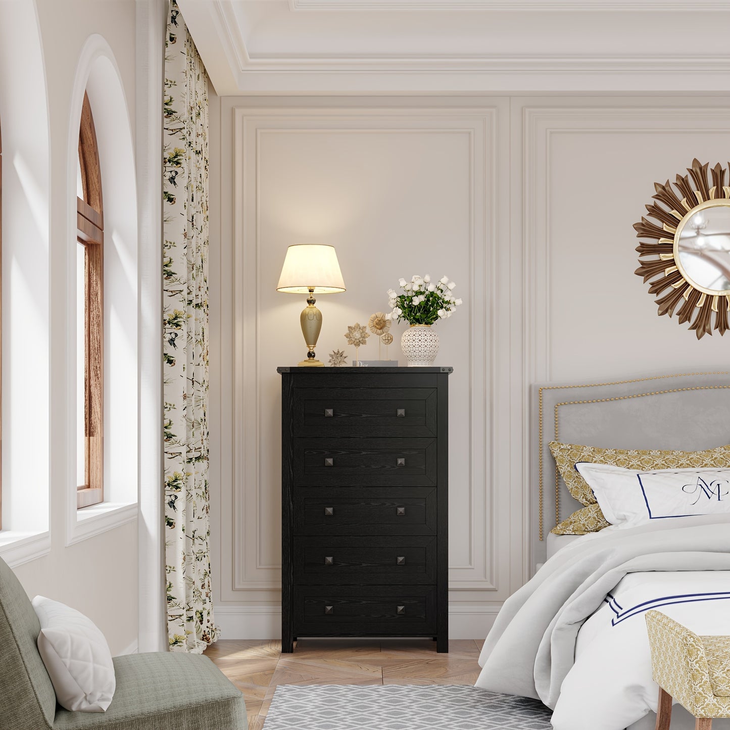 Dresser for Bedroom, Vertical 5 Drawer Dresser, Tall Wood Dresser Storage Organizer, Modern Narrow Slim Nightstand Bedside Table of Drawers for Hallway, Living Room, Dorm, Entryway