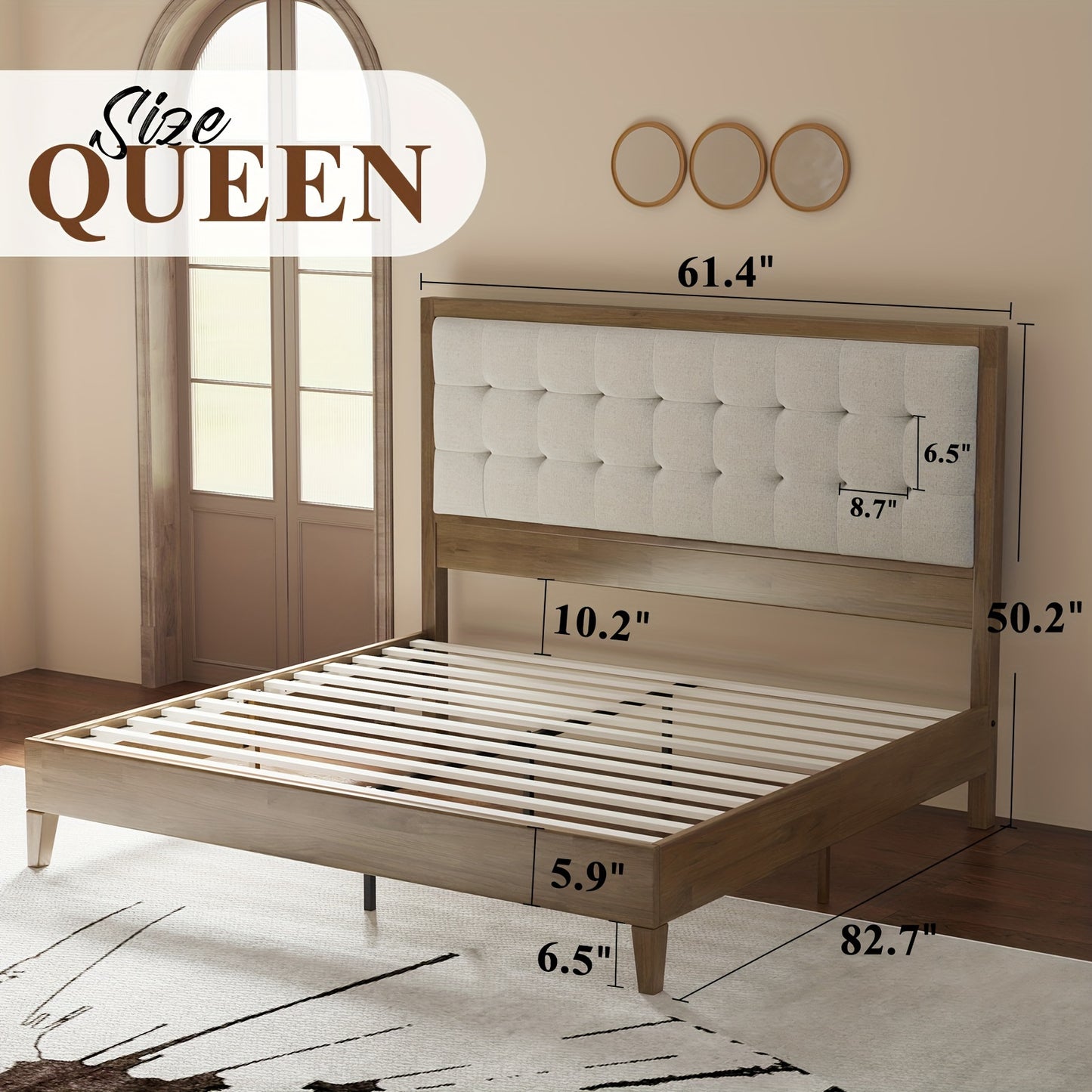 LUXOAK Wood Platform Bed with Upholstered Tufted Headboard, Box Spring-Free, Sturdy Solid Wood Frame