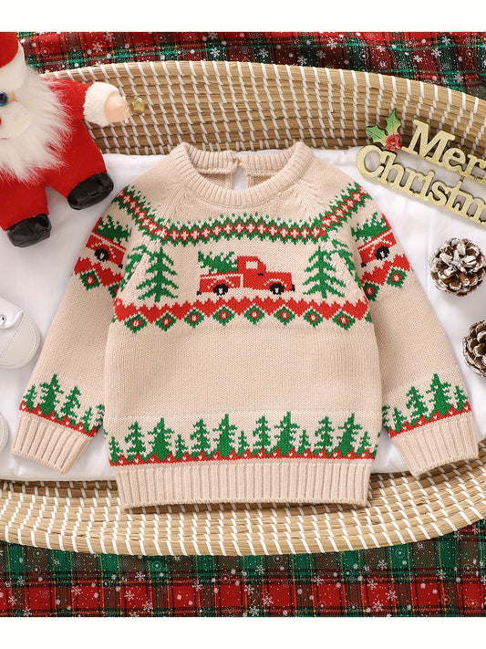 ESZNGD & Christmas Sweater - Red Truck & Reindeer Print Pullover, Soft Long Sleeve Crewneck Winter Sweater with Truck Driver Theme, Cozy Loose Fit for (Unisex Holiday Outfit)