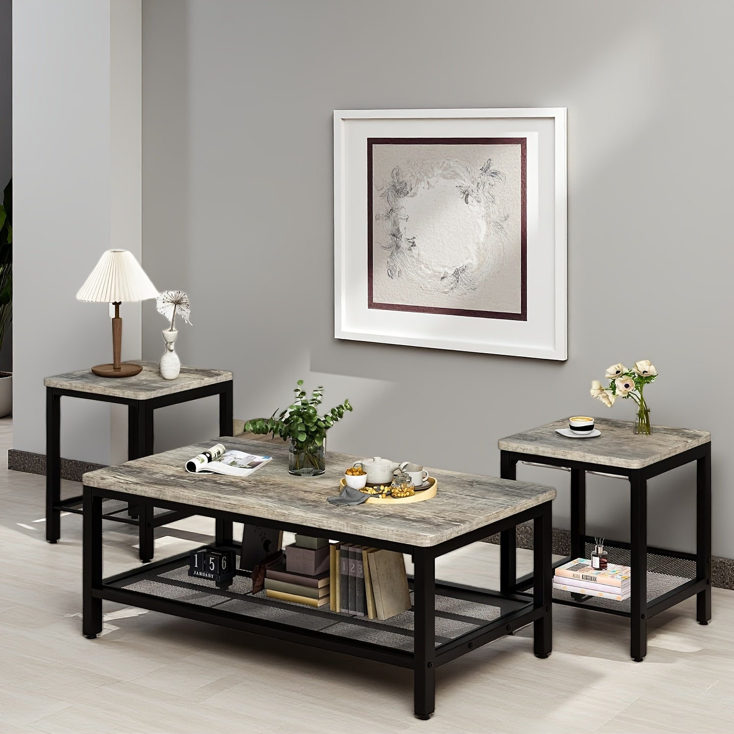 Industrial Coffee Table, Coffee Table Set Of 3 with 2 Square End Side Tables, Faux Marble Coffee Table with Metal Frame for Apartment Home Office, White Black