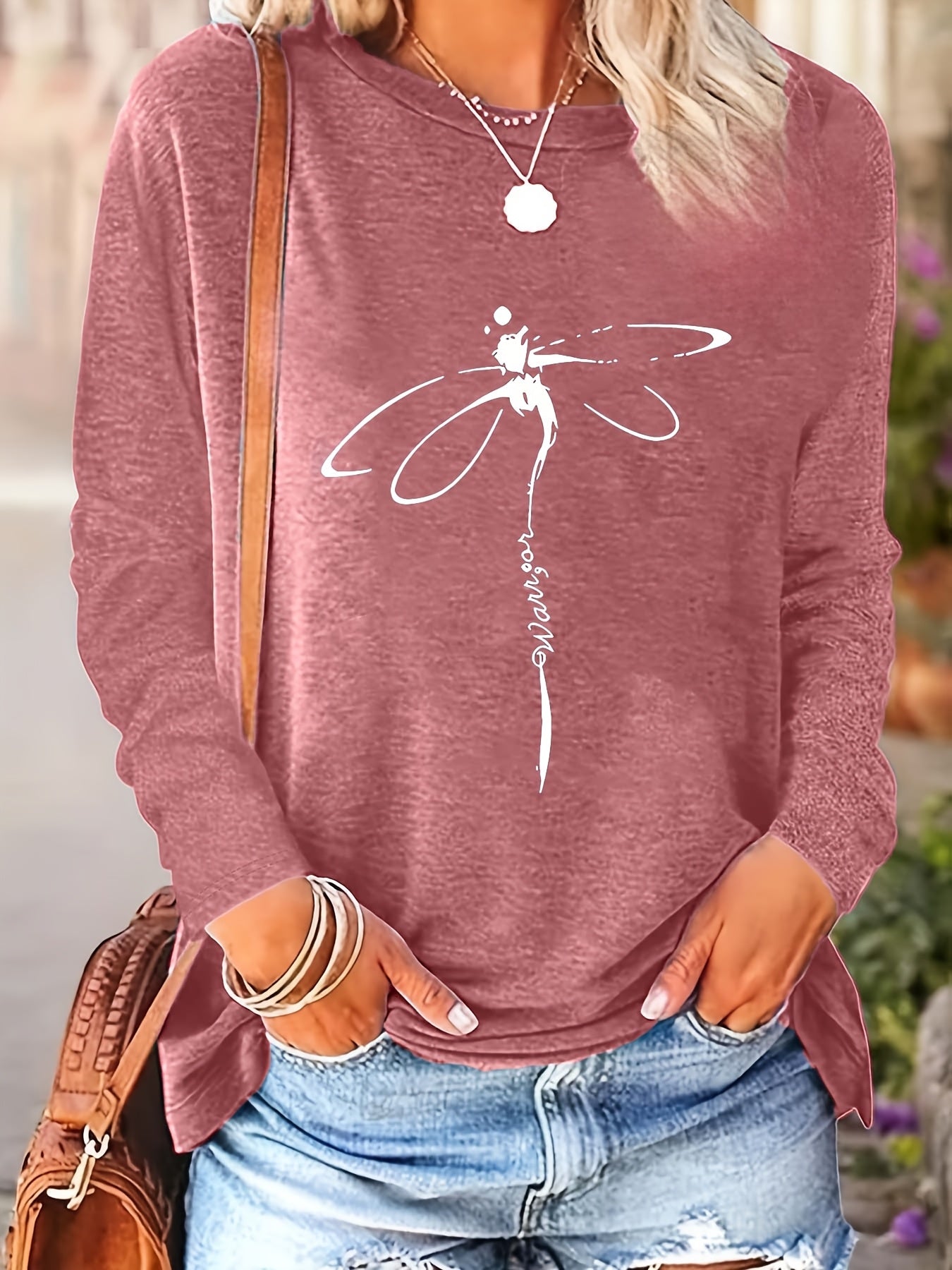 Plus Size - Plus Size Women'S Turquoise Dragonfly Print T-Shirt - Long Sleeve Round Neck Casual Layered Top with Chinese Character Design, Oversized Fit for Spring & Fall