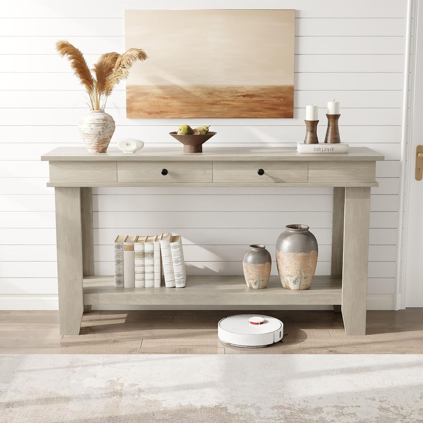 54 Inch Modern Farmhouse Entryway Console Table | 2 Drawers and 2-Tier Storage Shelf, Narrow Long Sofa Table for Hallway or Behind Couch, Reinforced L-Shape Legs, Grey, Hardwood, Classic Style by GAOMON