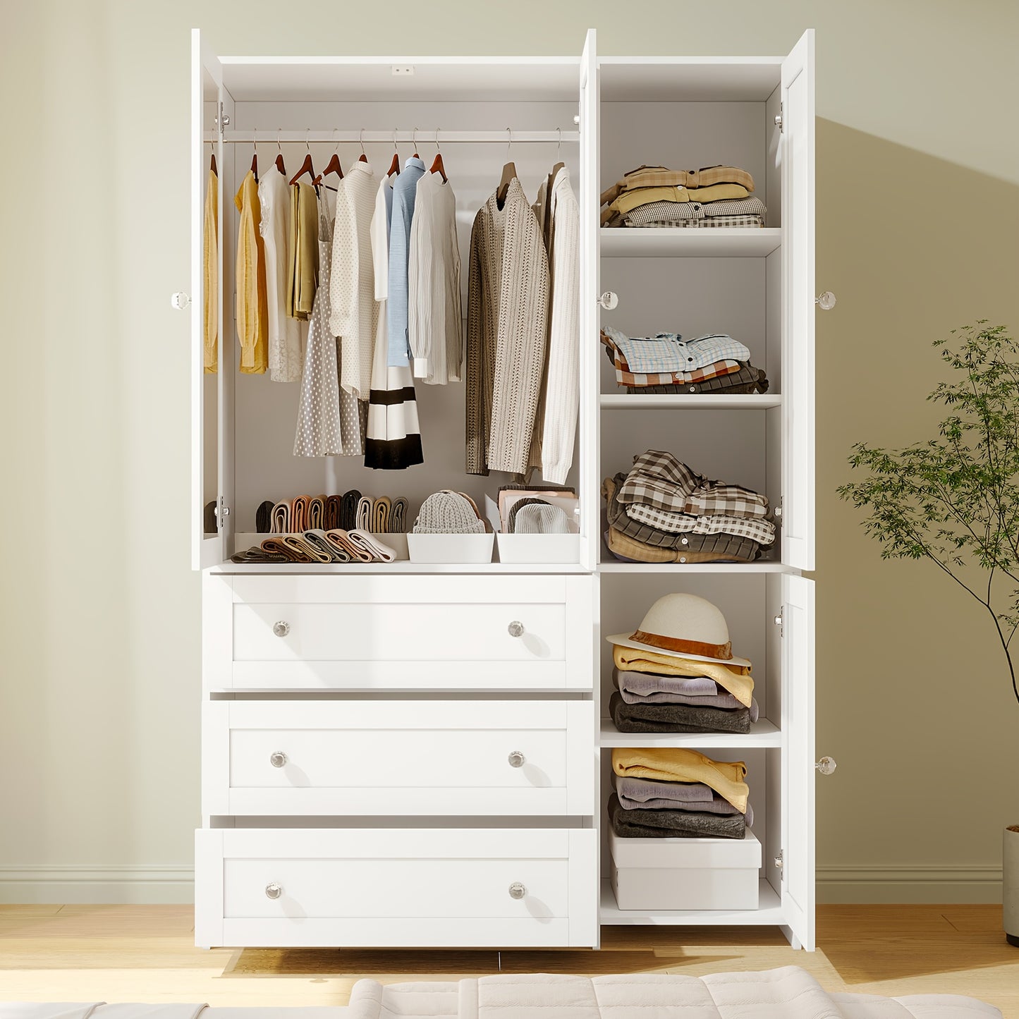 47"/63" Large Modern Armoire Wardrobe Closet with Mirror Door, Hanging Rod, Drawers & Shelves - -Standing Dresser Suitable for Bedroom, Assembly, Wood & MDF