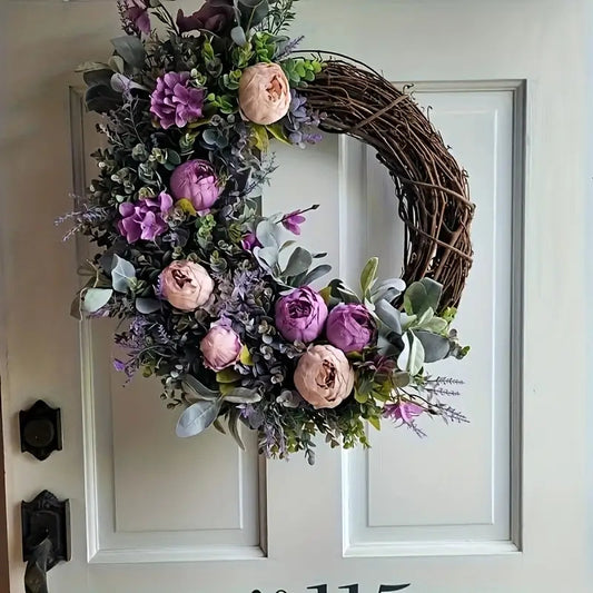Bohemian Rustic Elegant Door Wreath with Realistic Green Foliage & Lavender Flowers - Artificial Eucalyptus & Peony-Like Blooms in Soft Pastel Pink, White, Purple, Blue, Green - All-Season Indoor/Outdoor Decoration for Easter