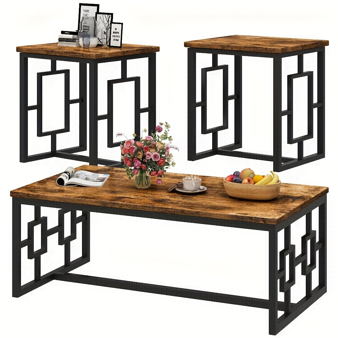 3pcs Living Room Coffee Side Table Set, Mid-Century Modern Coffee Table Set with 2 End Table for Small Space, Space-Saving Side Table Set with MDF Broad & Metal Frame for Living Room, Dining Room, Bedroom, Brown