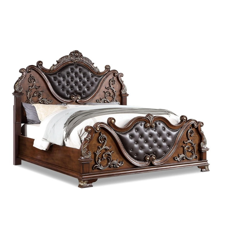 Luxurious Brown Cherry Traditional Queen Size Bed Tufted Leatherette HB FB 1pc Bed Bedroom Furniture Wooden