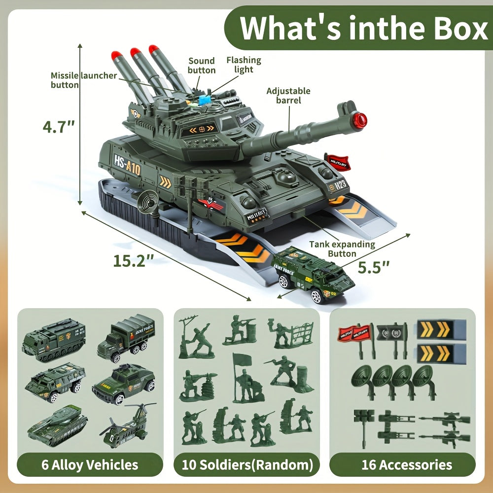A Military Vehicle Set, Featuring Combat Tank Toys with Realistic Lights And Sounds, Includes 6 Mini Alloy Military Vehicles And Soldier Figurines, Making It a Perfect Gift for Kids.