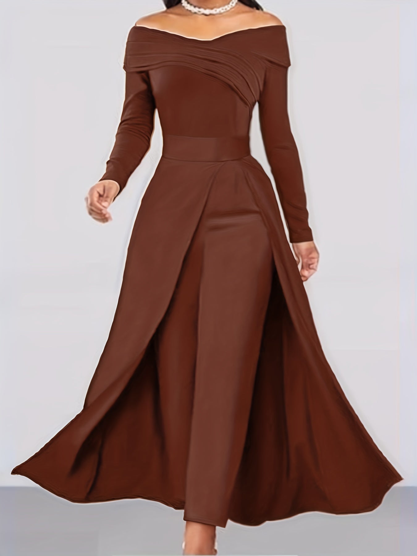 Women's Elegant Off-Shoulder/Boat Neck Two-Piece Set - Solid Color Beige/Black/Navy Blue Tailored Pantsuit, Structured Blazer & Matching Trousers, Machine Washable Autumn to Semi-Formal Attire (No Dry Clean)