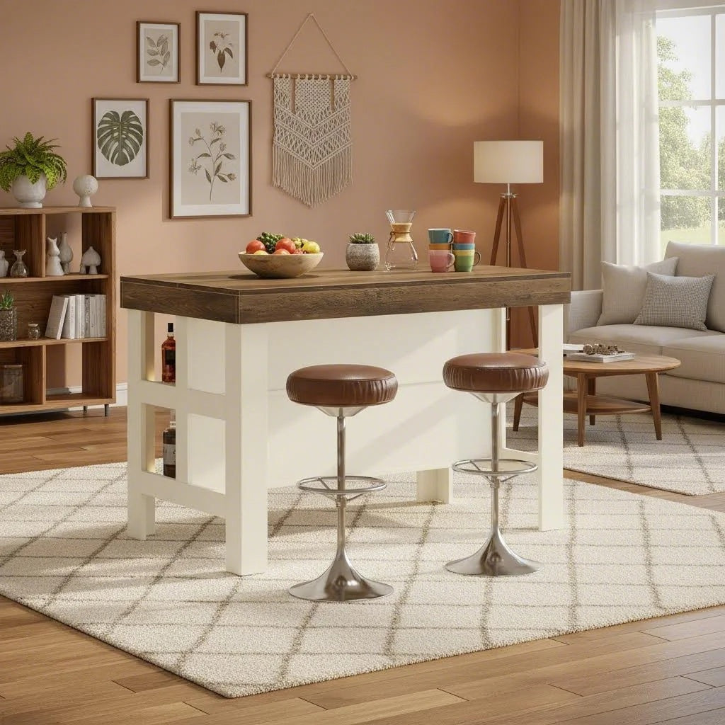 Modern Farmhouse Kitchen Island with Seating & Breakfast Counter - 55.1-Inch & Engineered Wood Island Table Suitable for Kitchen Dining Room, Open Shelving, Counter-Height Table, Space-Saving