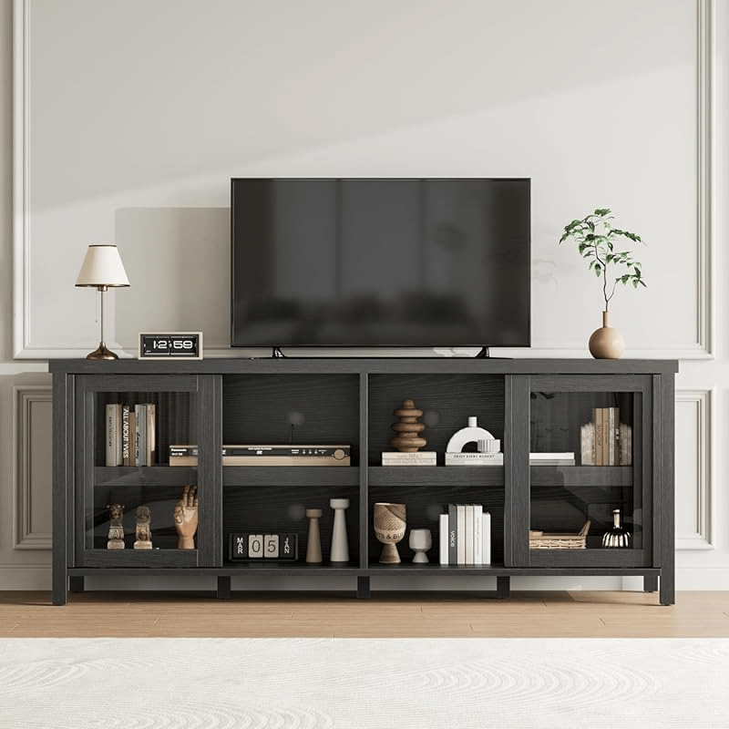 65 Inch TV Stand with Sliding Glass Doors - Heavy-Duty Non-Wood Entertainment Center, Modern Media Console with Storage Cabinet, Easy Assembly Living Room & Home Theater Furniture for Large TVs up to 65 Inches, Display Shelvi
