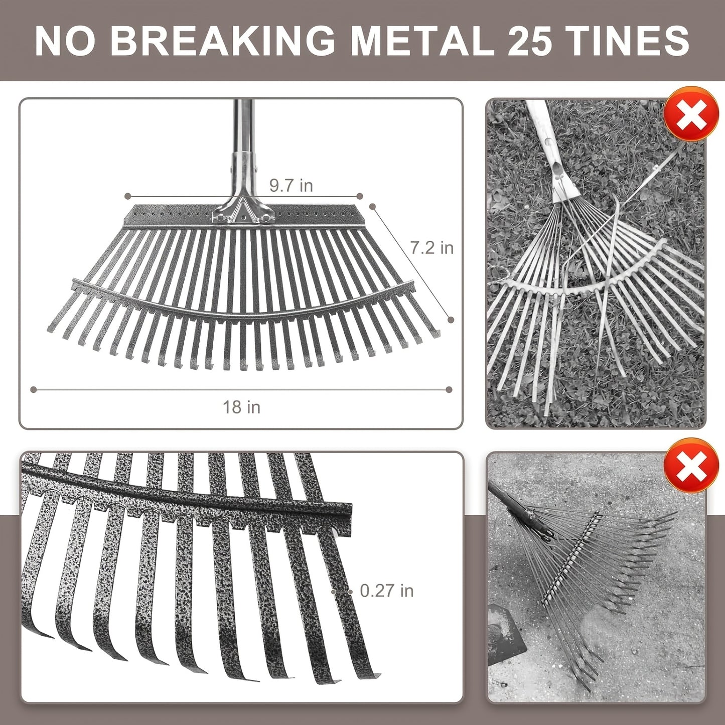 25 Tines Garden Leaf Rake | 18.5" Wide, 62" Adjustable Long Handle, Stainless Steel for Lawns, Yard, Grass, Flower Beds, All Season