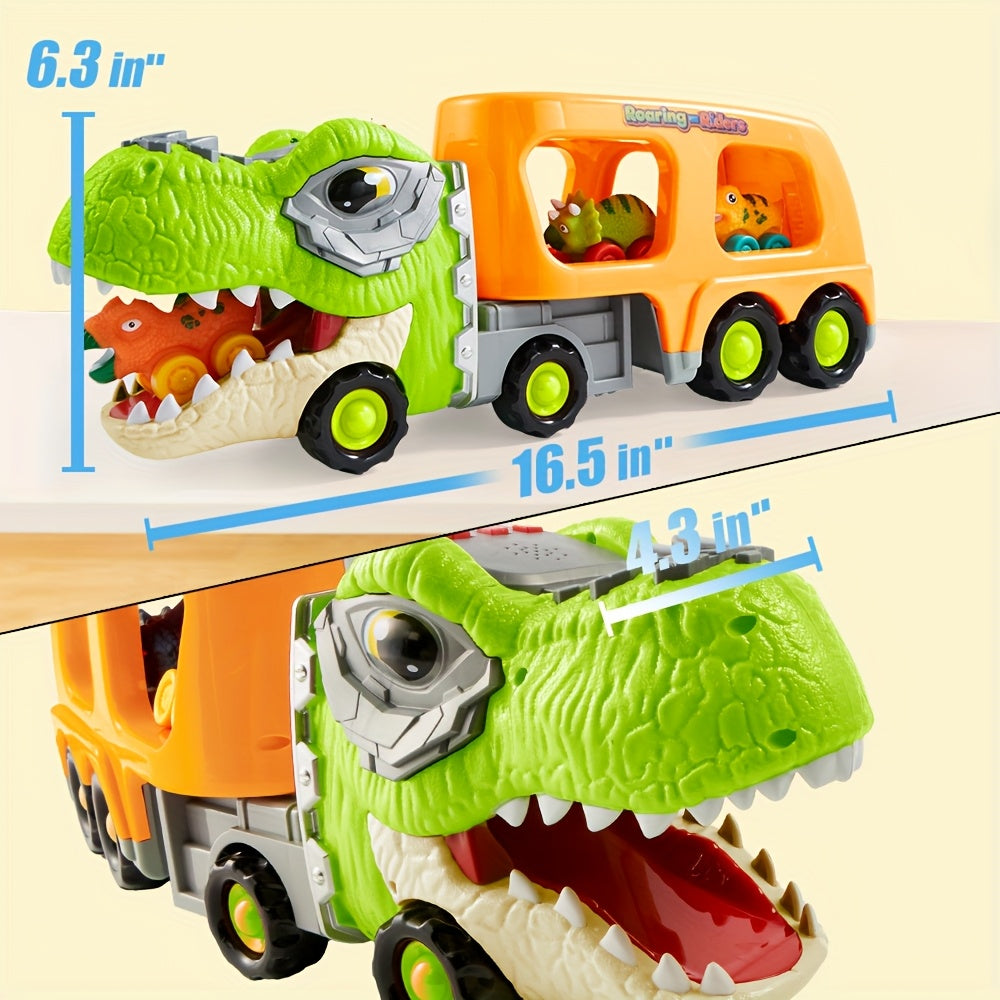 Dinosaur Truck toy for Kids, Dinosaur Car Carrier Truck with 6 Rubber Car Vehicles, Birthday Party Gifts with Music & Lights for boys and girls