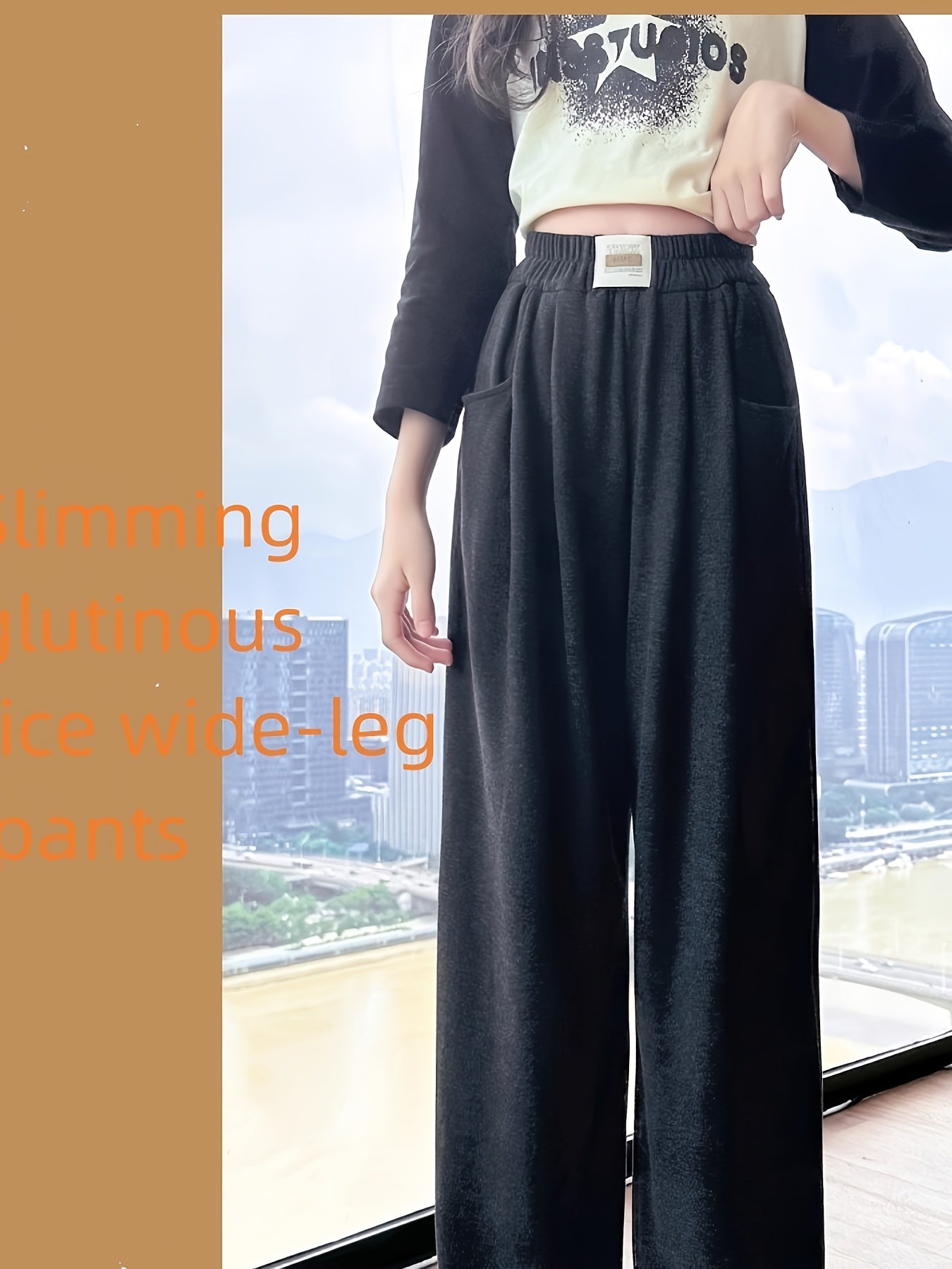 Girls 6-12 Years Wide-Leg Trousers - Stretchy Wrinkle-Resistant Pants with Adjustable Waist & Pockets, Soft Straight-Leg Leggings for School, Semi-Formal & Casual Attire (Navy Blue/Black) - Comfortable Stretch Fabric (Hand Wa