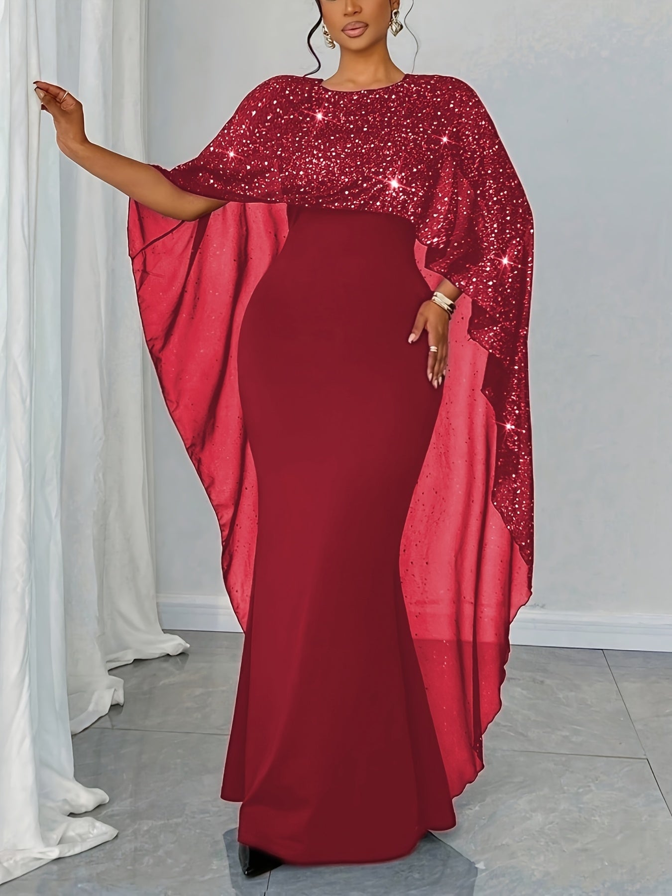 Plus Size - Plus Size - Women'S Elegant Dress with Star-Speckled Cape Sleeves - Stretchy Summer Party & Formal Attire, Plus Size Fitted Top & Flowy Skirt, Machine Washable, Elegant Outfit | Flowy Skirt Gown | Sleek Black Dres