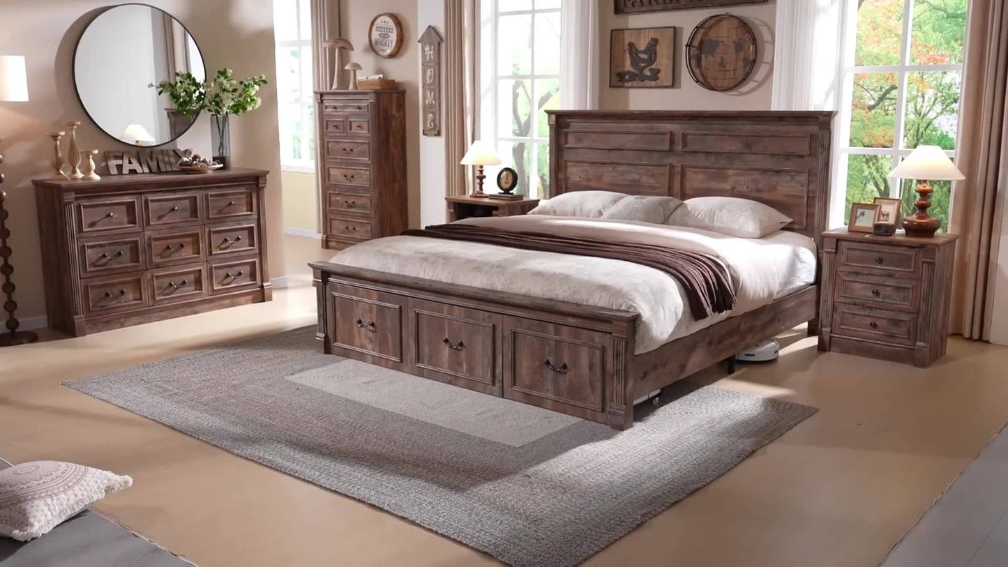 Farmhouse King Size Bed Frame with 51" Tall Headboard, Wood Platform Bed Frame with 20" Tall Roman Column Decoration Footboard & 3 Large Storage Drawers, No Box Spring Needed
