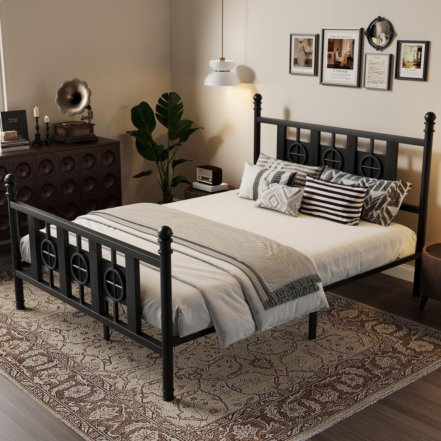 Bed Frame with Headboard and Footboard, Metal Twin Bed Frame with Vintage Circular Design & Storage Space Under Bed, No Box Spring Required, Easy Assembly, Noise-Free
