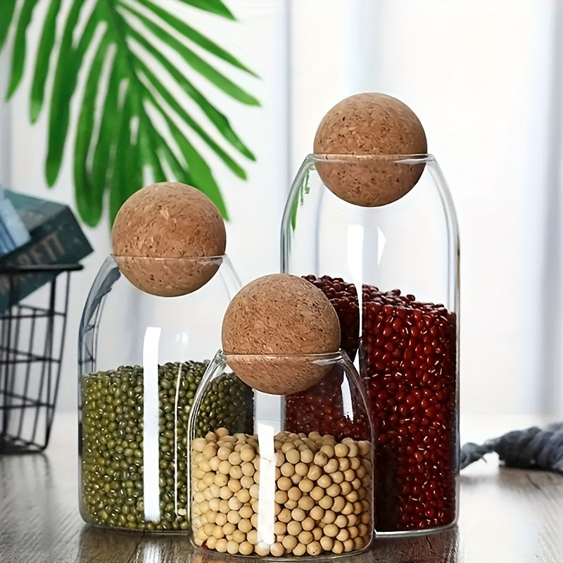 3pcs Glass Storage Container With Spherical Cork Stopper, 17 Oz/500ml Glass Jar, Perfect For Storing Tea, Flowers, Nuts, Candies, Etc. - A Must-have For Kitchen Organizing