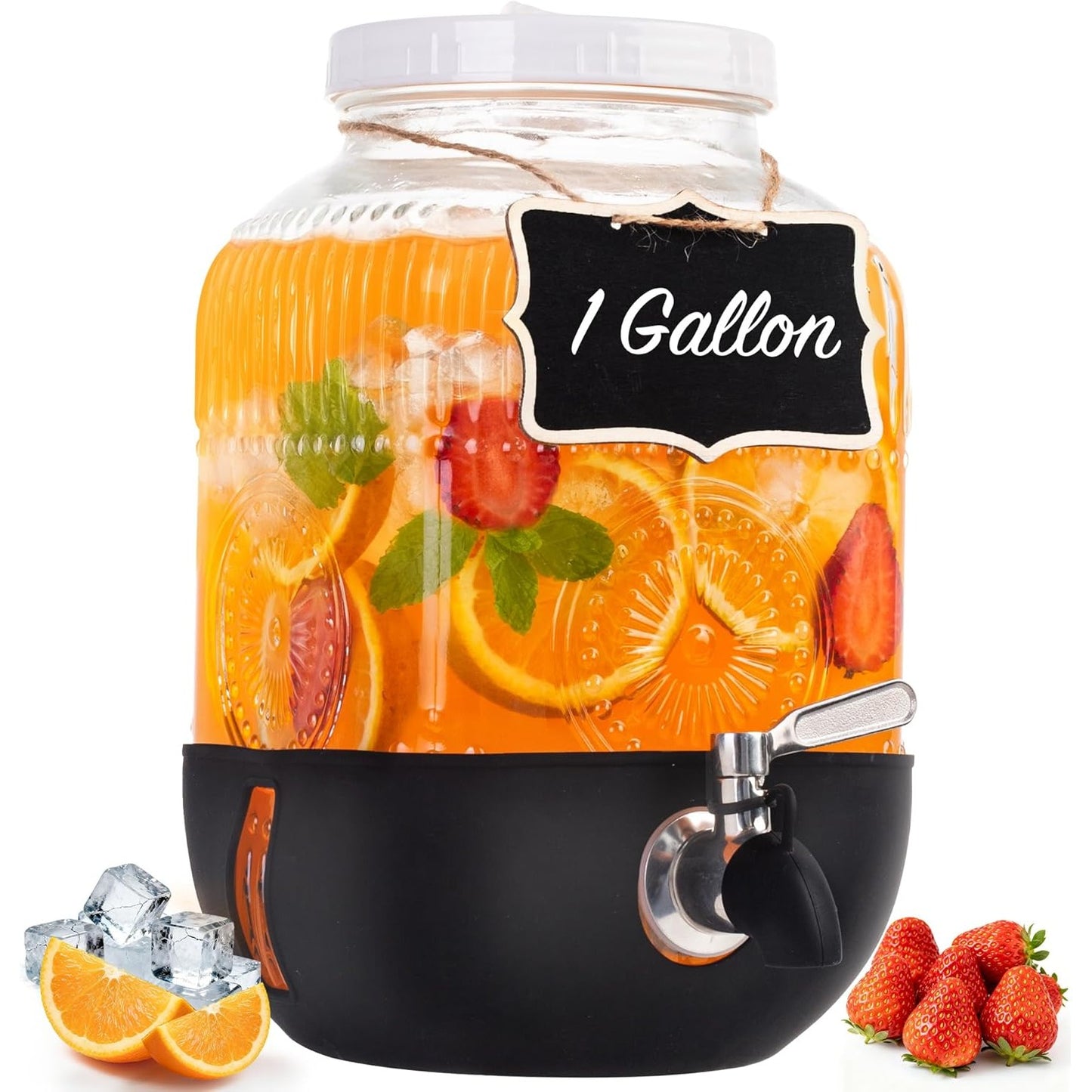 1 Gallon Glass Drink Dispensers For Parties, Leakproof/Crack-resistant Beverage Dispenser with Silicone Protective Case for Iced lemonade,Juice, Sun Tea Jar, Water, Stainless Steel Spigot