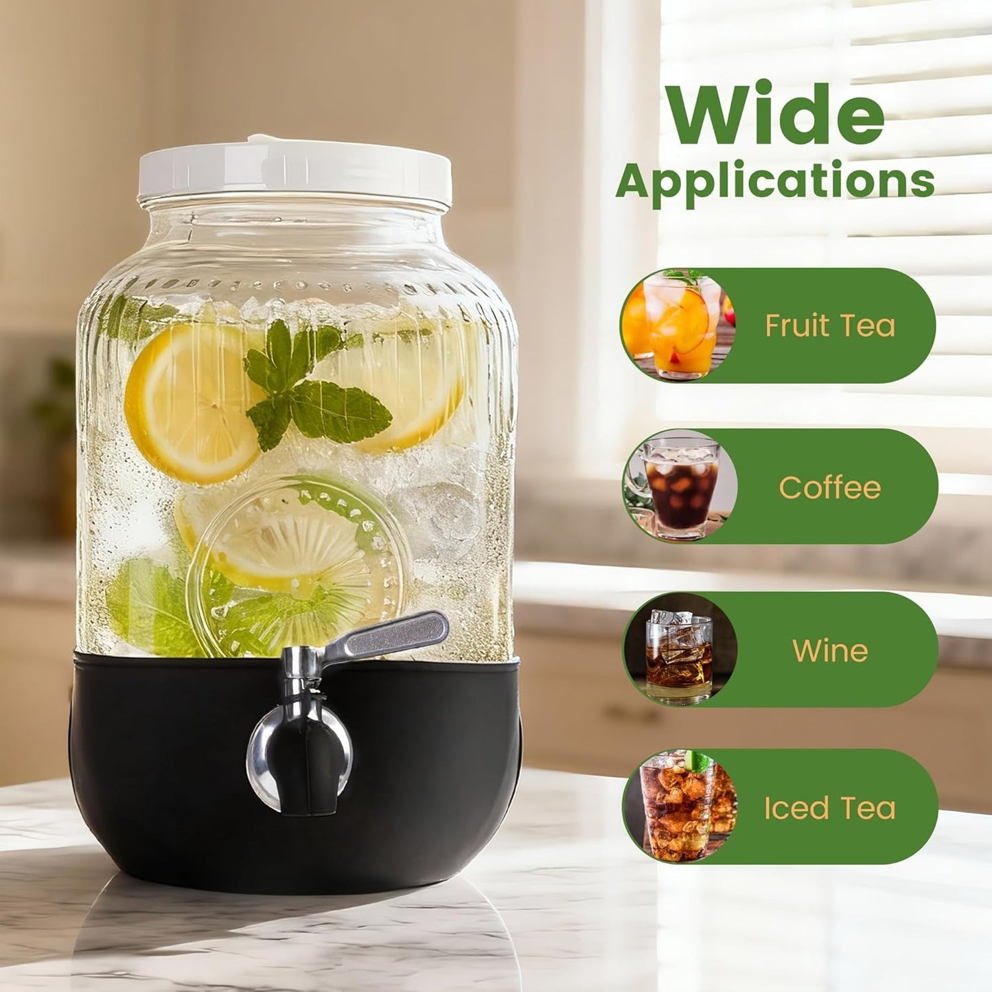 1 Gallon Glass Drink Dispensers For Parties, Leakproof/Crack-resistant Beverage Dispenser with Silicone Protective Case for Iced lemonade,Juice, Sun Tea Jar, Water, Stainless Steel Spigot