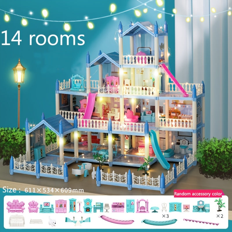 Doll House, Dollhouse for Girls Pretend-Play DIY Dollhouse Kit - 4-Story 11 Rooms Playhouse with 4 Dolls Toy Figures, Furniture And Accessories Set Gift Toy for Kids Ages 3 4 5 6 7 8+