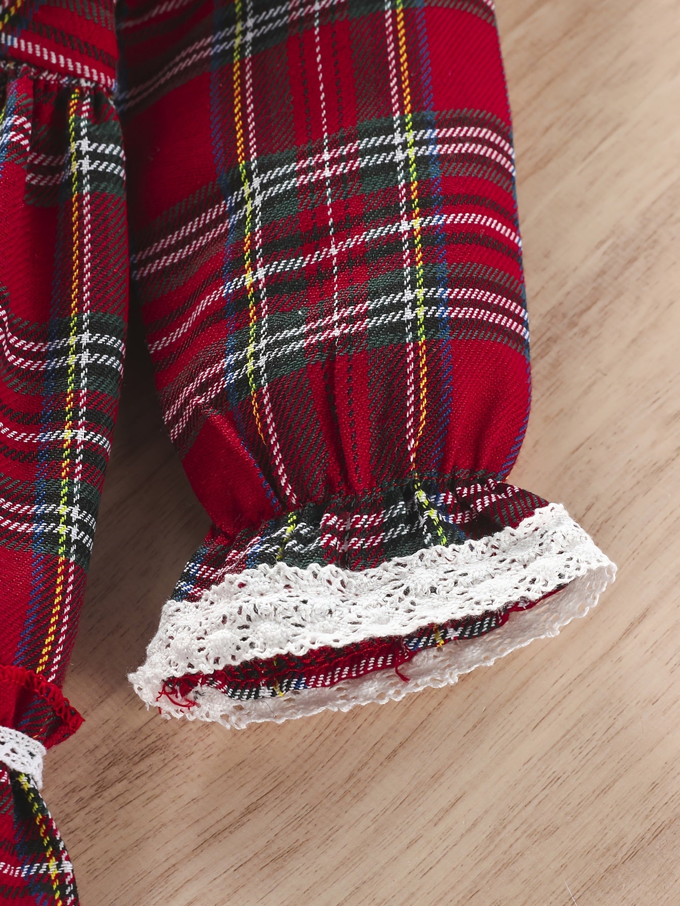 Red Green Plaid Halloween Christmas Girls Dress with High Neck And Lace Trim, Ruffled Cuffs Holiday Party Outfit