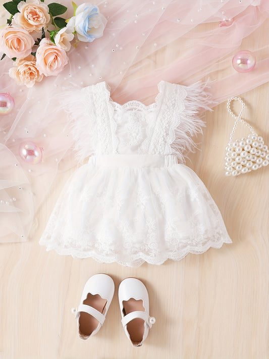 Girls' Summer Sleeveless Lace Dress with Floral Embroidery & Tulle Skirt - Knee-Length Princess Dress, White with Pink & Blue Roses, Elegant Bow Detail, Perfect for Weddings & Special Occasions, Princess Dress for Girls, Wedd