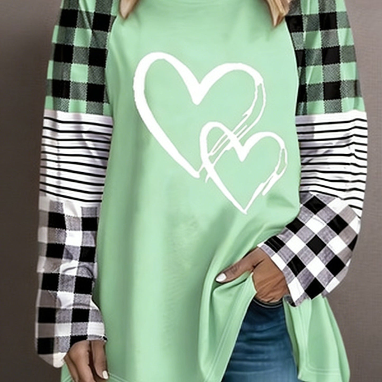 Plus Size - Plus Size - A Women'S Casual Long-Sleeve T-Shirt Featuring a Heart-Shaped Design, Made from Fabric, with a Round Neck Style, Part of The Autumn And Winter Collection, Available in Large Loose Sizes from 0XL to 9XL