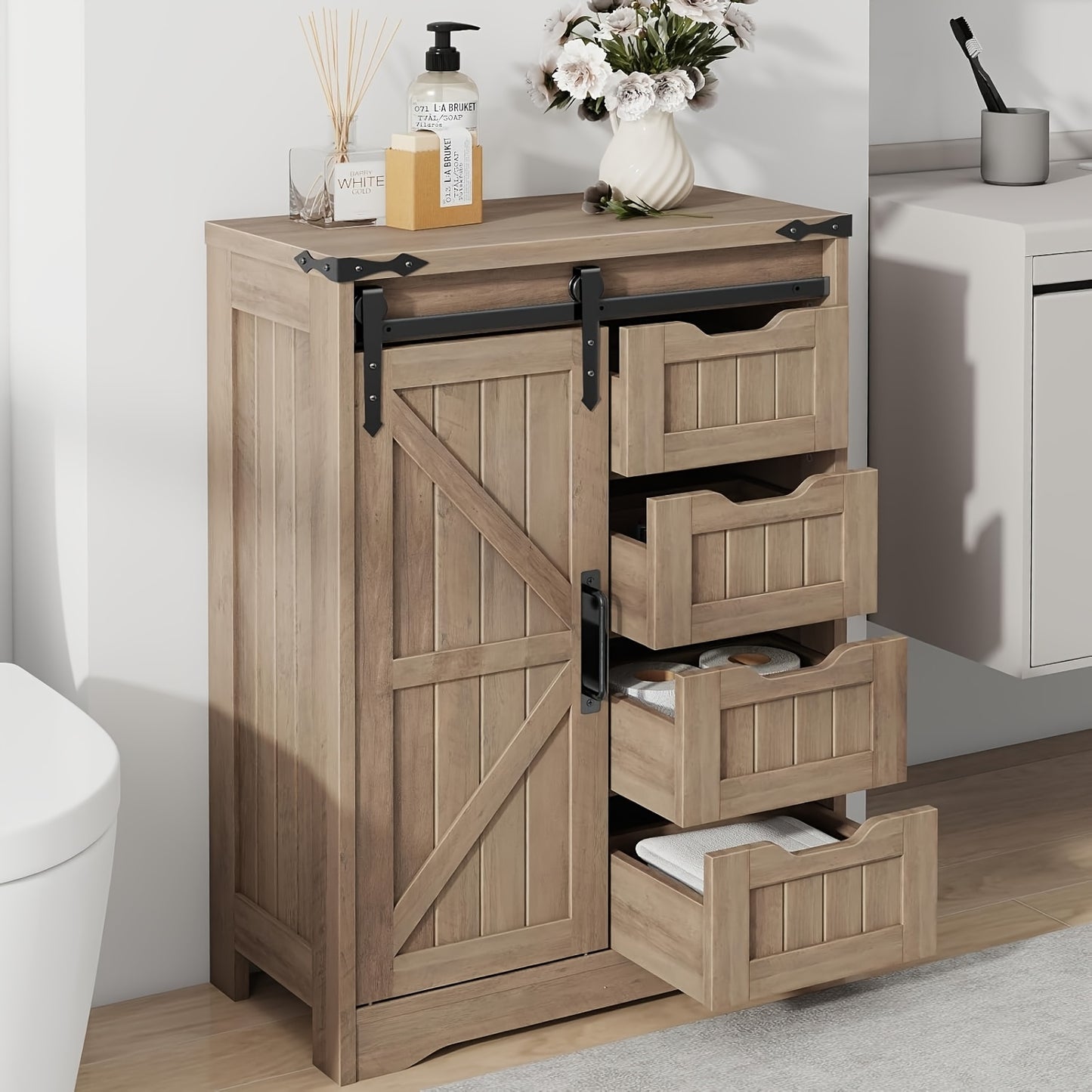 Farmhouse Bathroom Floor Storage Cabinet | 4 Small Drawers for Easy Sorting, Hardwood, White, VABCHES