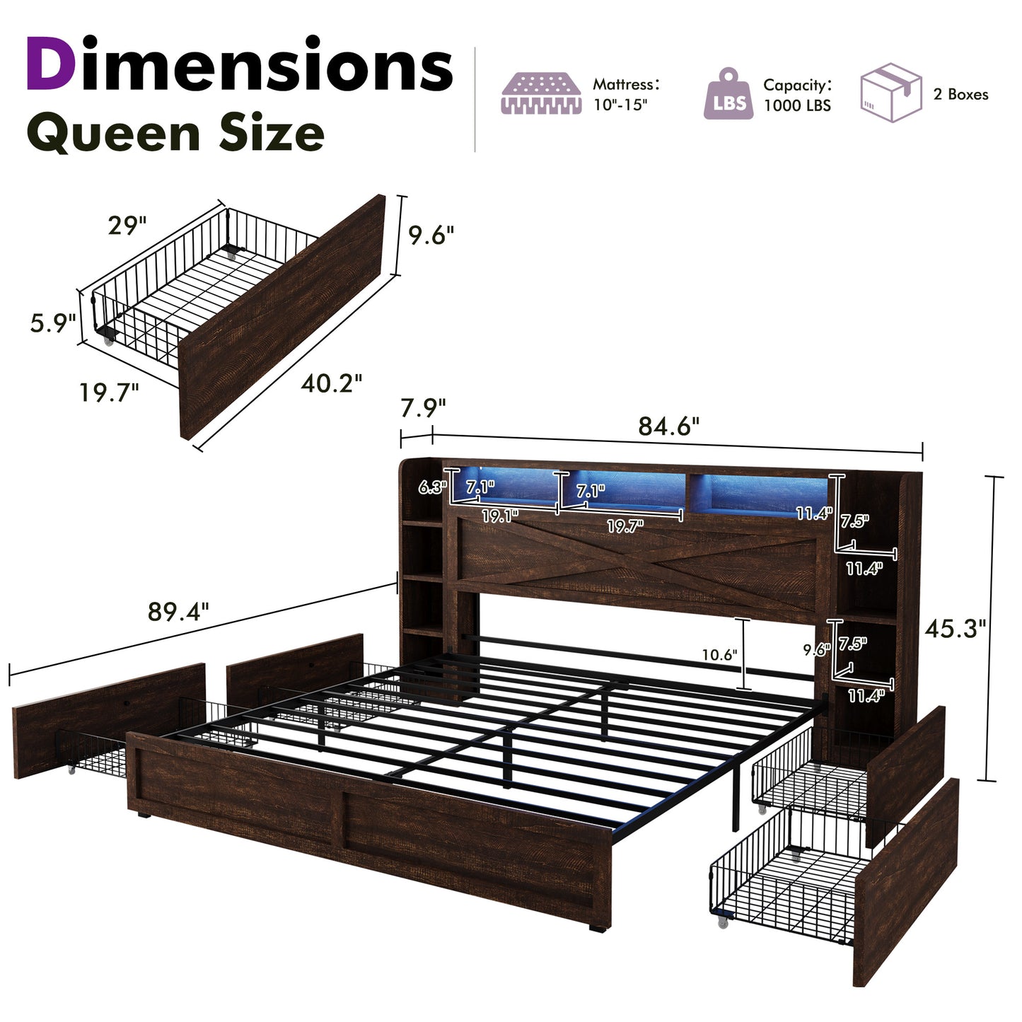 LUXOAK Rustic Farmhouse Platform Bed with Storage Headboard | Detachable Side Cabinets Drawers, LED Lighting, Hardwood and MDF Construction, Plug Powered, 125V, Pre-Assembled
