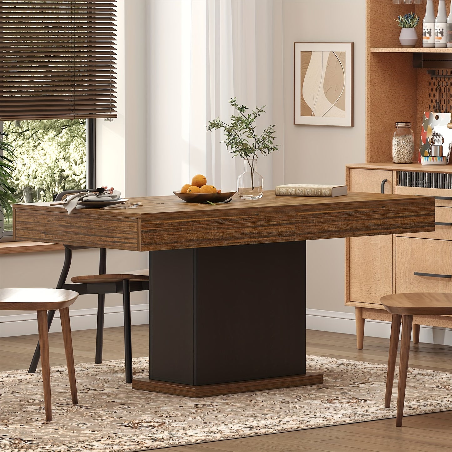 Dining Table for 6 People, Large Rectangular Wood Kitchen Table with 2 Drawers, Farmhouse Long Dining Table for Dining Room, Living Room, Kitchen, Black/ White, Tables for Dining Room, Kitchen Table with Storage, Round Kitche