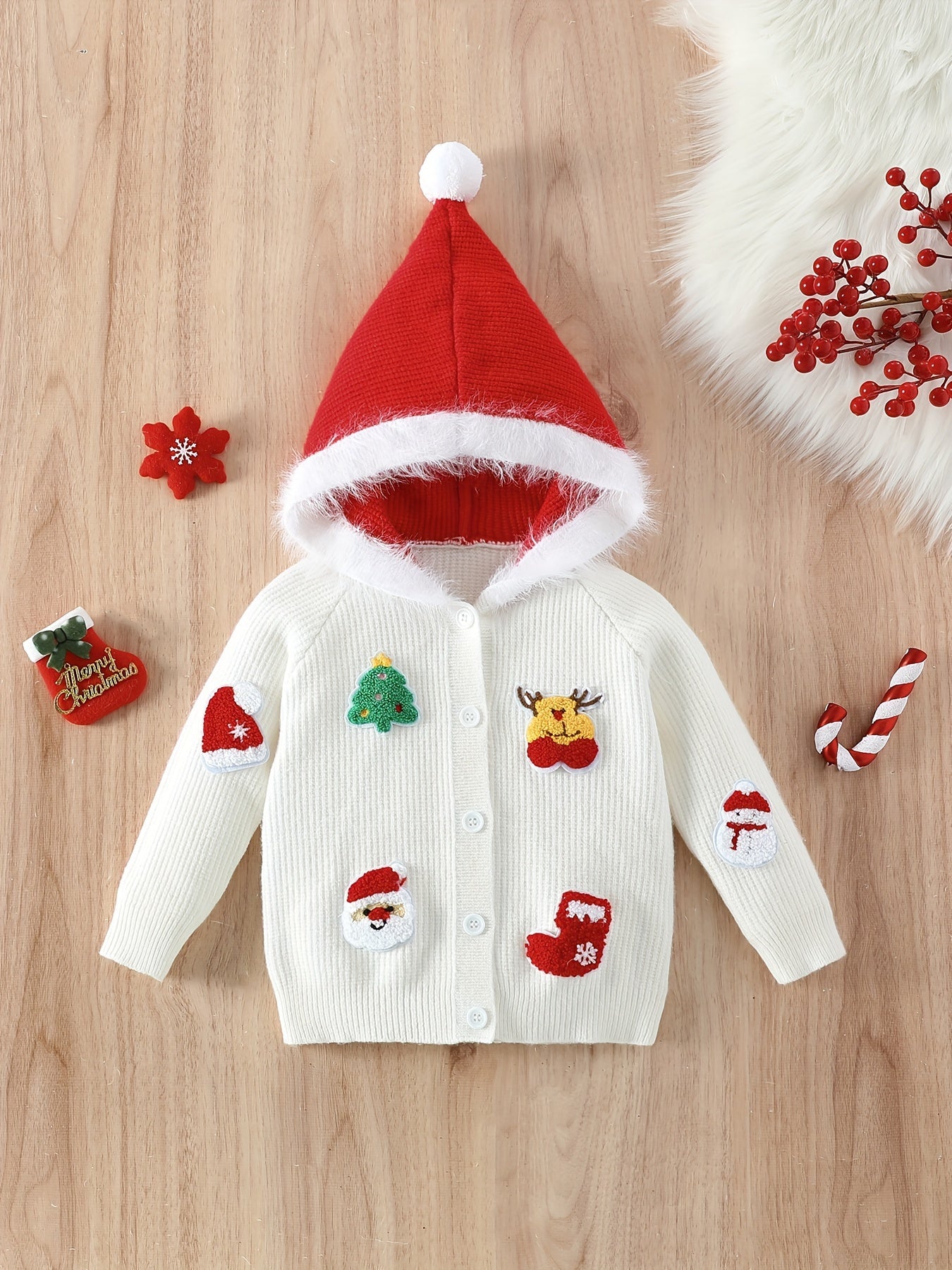 Girls' Christmas-Themed Knit Cardigan with Red Santa Hat & Festive Embroidery - Long Sleeve, White with Holiday Decorations, Perfect for Fall/Winter, Christmas Clothes for Girls