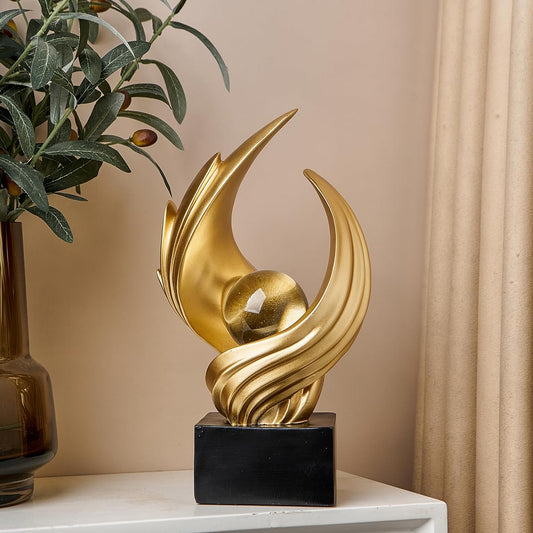10.43in Tall Modern Abstract Golden Flame Sculpture Statue with Glass Ball Center - Luxury Resin Figurine for home Decor, Wedding Centerpiece, Tabletop or Bookshelf Display - Elegant Golden, Wedding & for hocal Art Piece