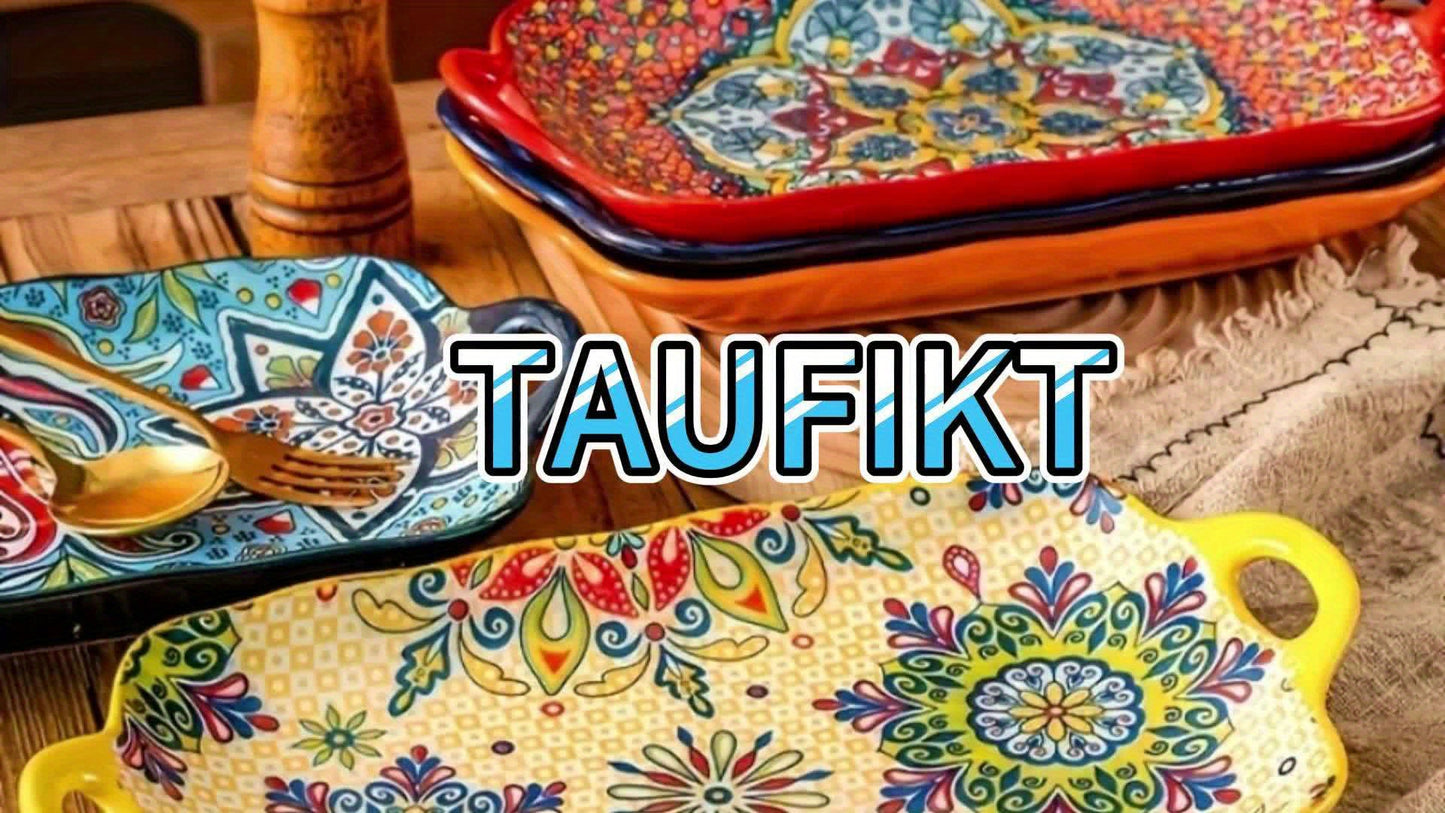 TAUFIKT Set Of 4 Large Rectangular Bohemian Ceramic Fish Plates - Elegant Steamed Fish Plates for Home, Kitchen And Restaurant - Durable, Easy-to-clean, Space-saving Design Can Be Used for Christmas, Valentine's Day, Thanksgi