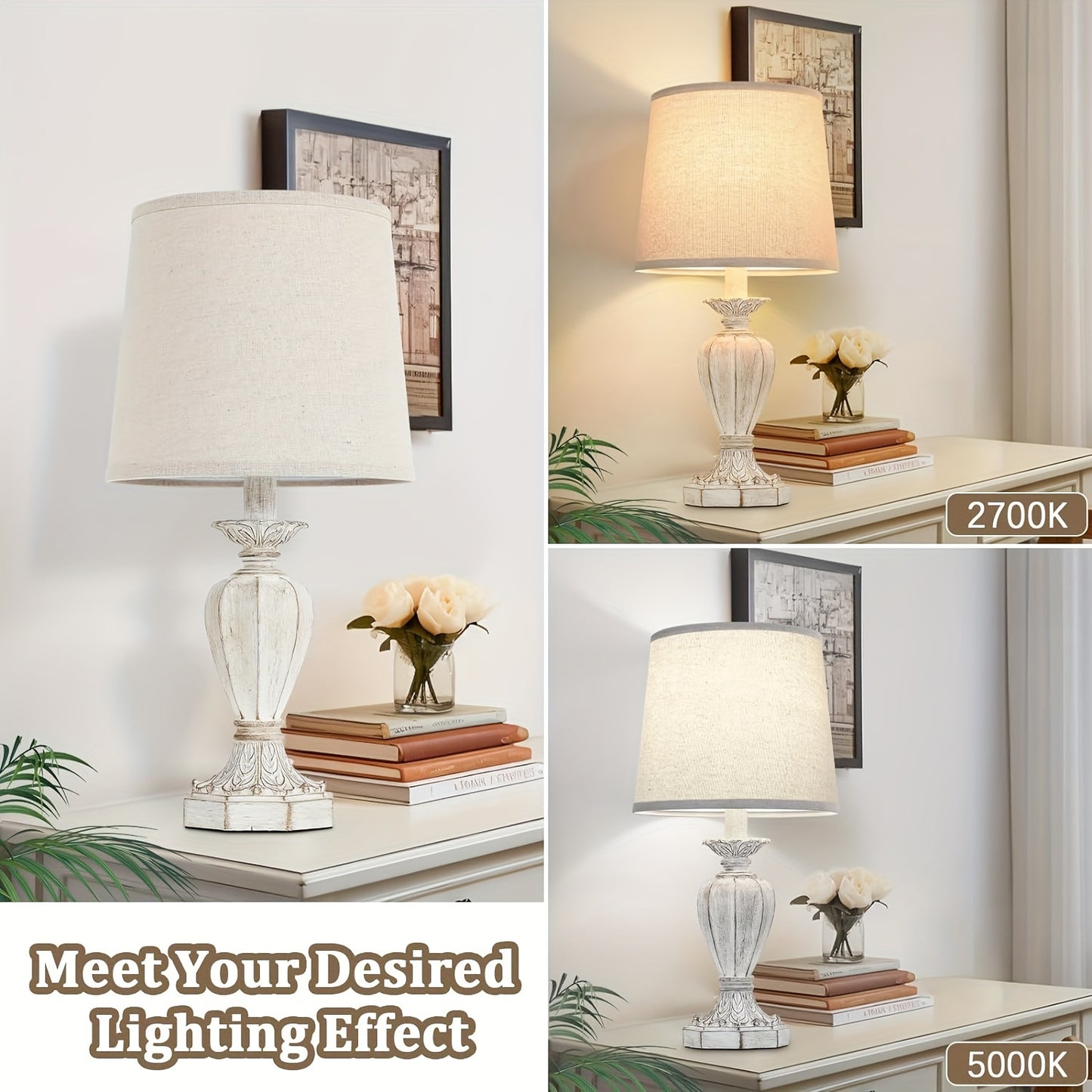 Pair of 19-Inch Farmhouse Table Lamps, Rustic Nightstand Lamps for The Bedroom, White Traditional Bedside Desk Lamps Featuring Vintage Beige Fabric Shades Suitable for The Living Room