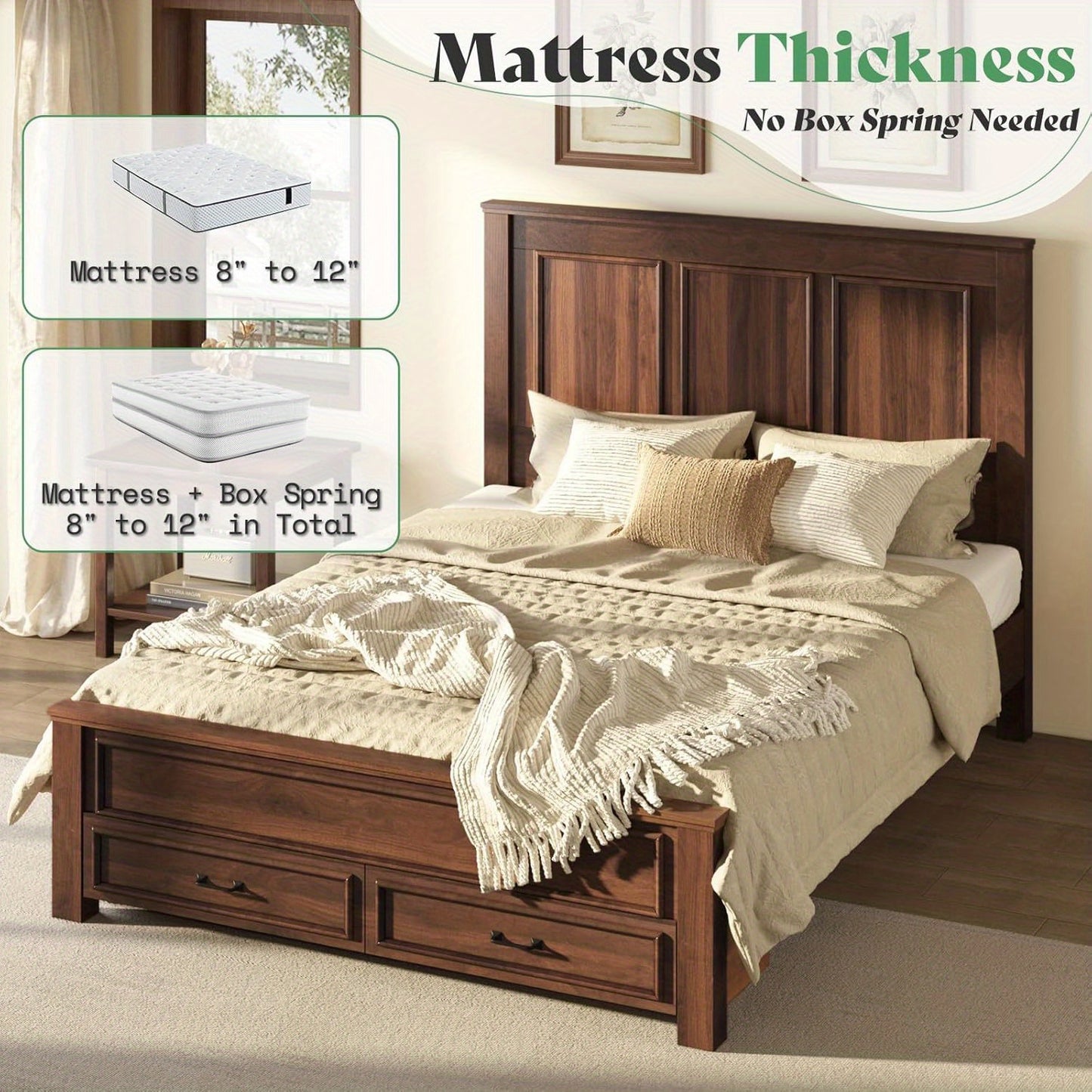 Wooden Platform Bed Frame Featuring a Tall 52.2" Headboard And Footboard, Along with Two Spacious Storage Drawers.
