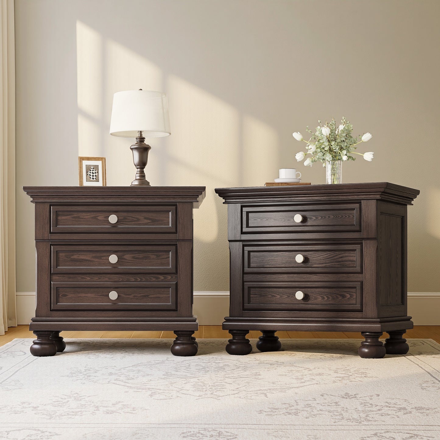 Fully Assembled Solid Wood & MDF Nightstand with 2-Drawer Bedside Cabinet - Extra Large Traditional End Table, Wood Bedside Table, Easy Assembly for Bedroom Storage (Space-Saving Design under 27")