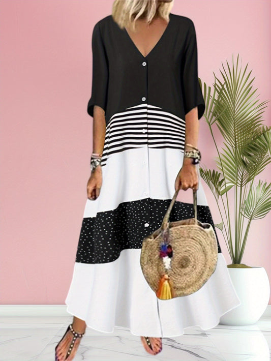 Plus Size, Oversized Women's V-neck Short Sleeved Printed Dress, Button Casual Contrasting Mid Length Skirt