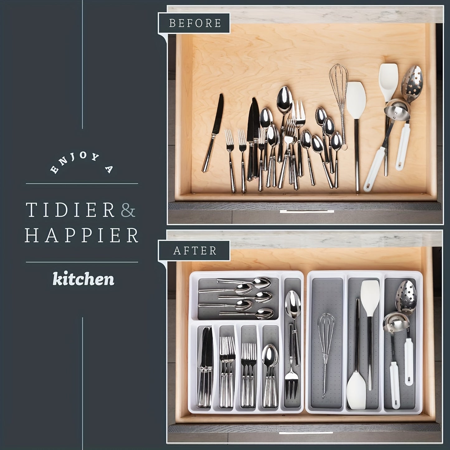 No-Slip Silverware Tray Organizer with 9-Section Deep Drawer Storage - Durable Plastic Kitchen Utensil & Cutlery Holder, Space-Saving Design for Entire Drawer, Easy Insert Installation, White & Gray, Kitchen Drawer Organizer,