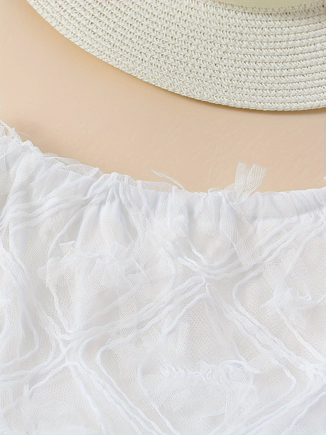 White Lace Off-The-Shoulder Top with Faux Denim Bell Bottom Faux Denim, Tulle Trim Halloween Christmas Outfit, for Outdoor