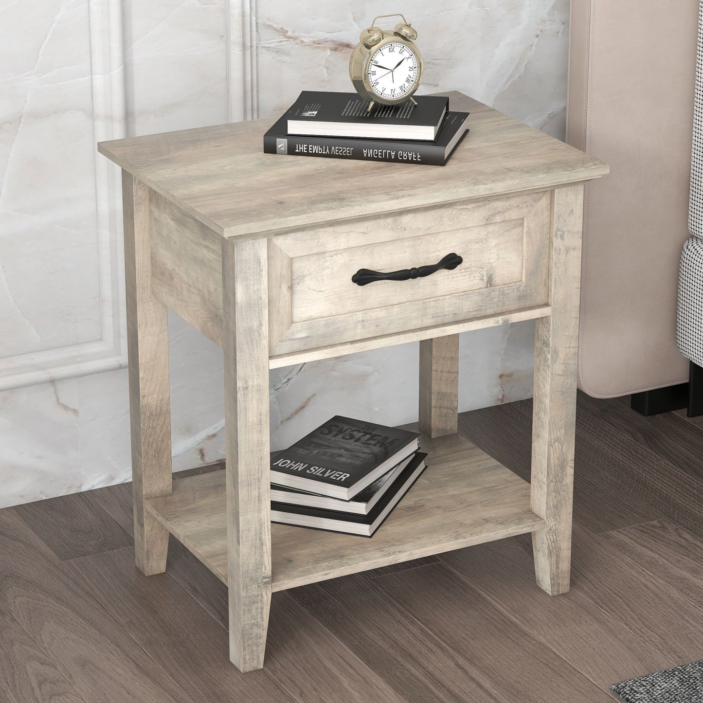 Modern Industrial Side Table with Storage Drawer & Open Shelf - Bedside Table Suitable for Bedroom, Living Room, Dorm - Easy Assembly Compact Furniture with Low Profile, Space-Saving Cabinet/Shelf Unit