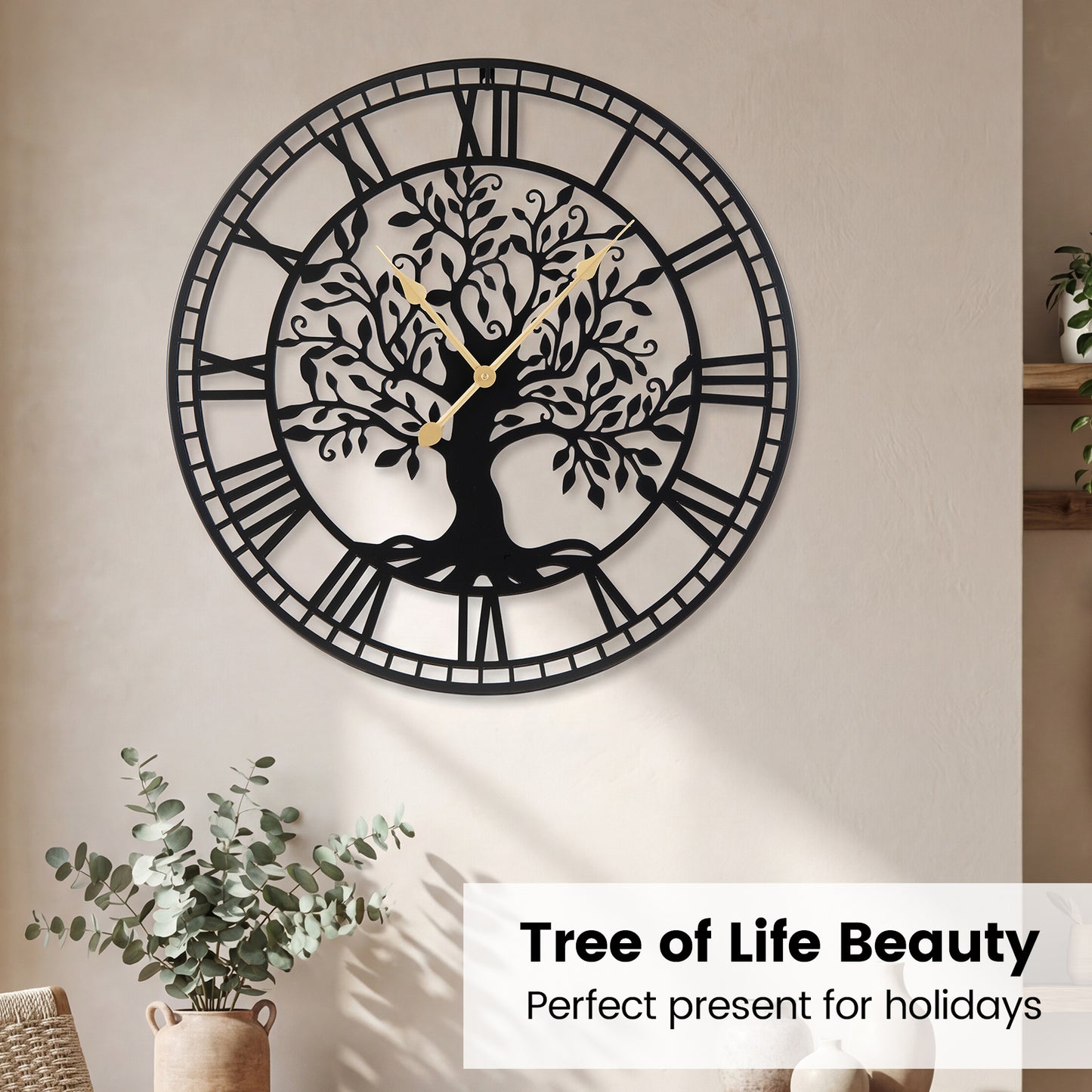 Large Wall Clock, 27” Tree of Life Big Metal Clock, Non-Ticking Decorative Clock