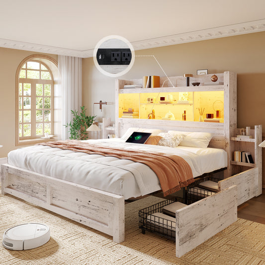 PAPABABE Bed Frame Featuring a 49.6-Inch Bookcase Headboard, Four Drawers, And Two Removable Storage Racks - a Farmhouse-Style Wooden Bed Frame Equipped with RGB LED Lights And a Charging Station, No Box Spring Required