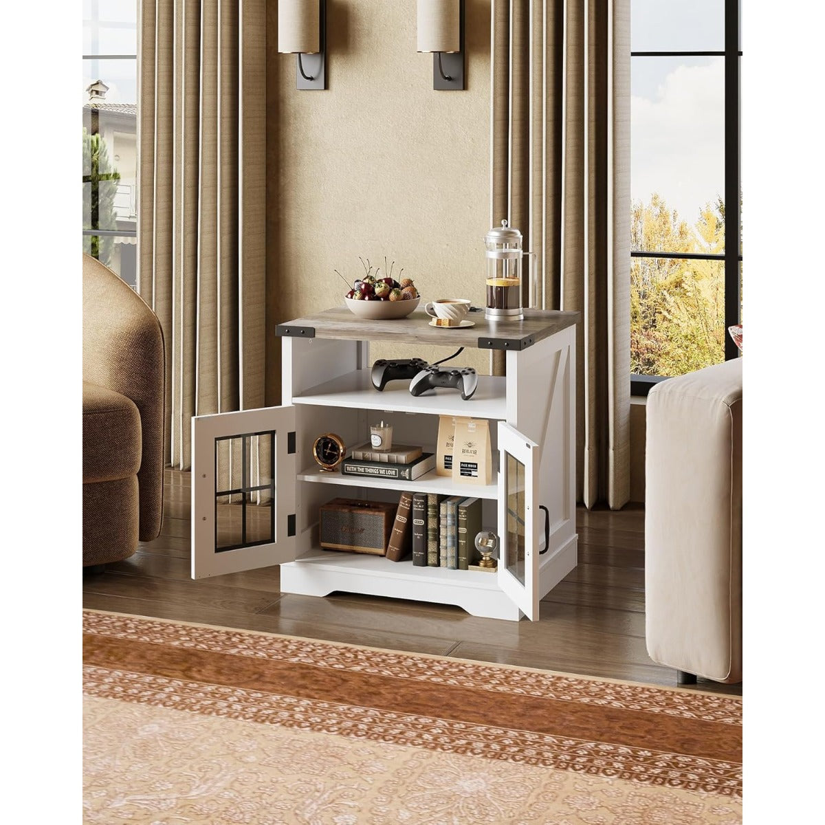 Modern Farmhouse End Table with Charging Station & LED Nightstand - Adjustable Shelf, White Wood Bedside Table for Bedroom/Office/Living Room, Portable Side Table with Plug (125V), Assembly Required