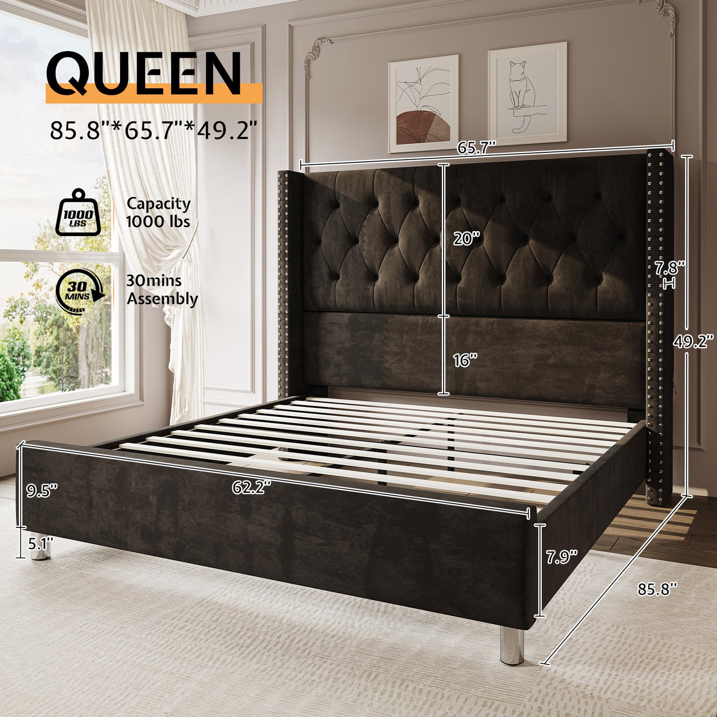 ALBOTT Modern Luxury Queen/King Size Upholstered Platform Bed Frame with 50" Tall Wingback Headboard - Dark Brown/Black Velvet, Button Tufted & Nailhead Trim, Sturdy, No Box Spring, Easy Assembly (Queen/King