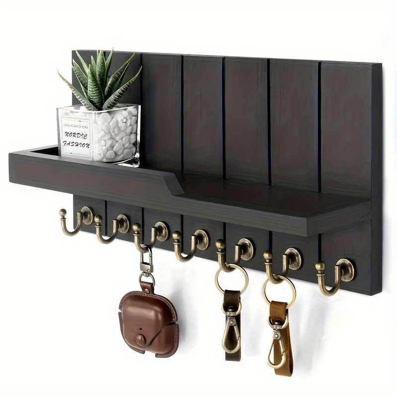 A Easy Wooden Wall-Mounted Shelf with 7 Hooks, a Floating Storage Organizer, Key And Mail Holder, Minimalist Design, Suitable for Home Living Rooms, Bedrooms, And Bathrooms, Easy to Install