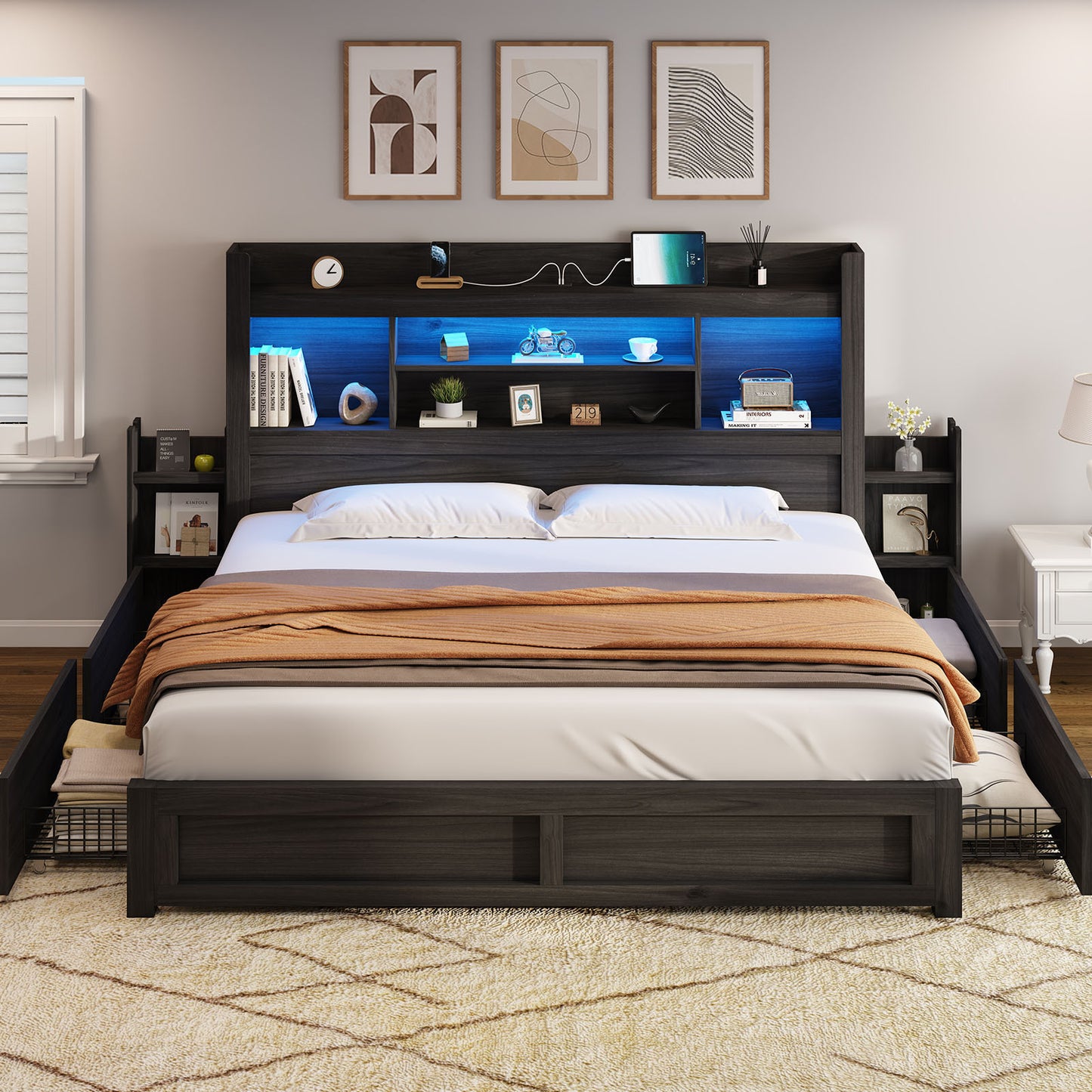 PAPABABE Bed Frame Featuring a 49.6-Inch Bookcase Headboard, Four Drawers, And Two Removable Storage Racks - a Farmhouse-Style Wooden Bed Frame Equipped with RGB LED Lights And a Charging Station, No Box Spring Required