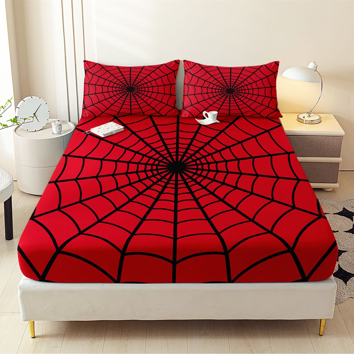 1pc Fitted Sheet + 2pcs Pillowcases Room Decor Mattress Protector Fitted Sheet Set Bedding Set Spider Web Red Pattern Mattress Cover Goth Boho Mattress ProtectorWithout CoreHalloween Christmas Decorations, Bed Accessories, Wi